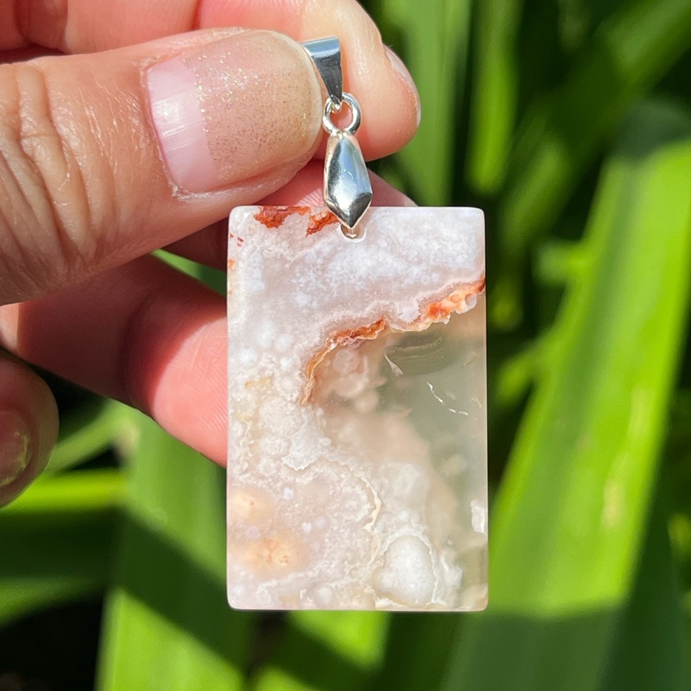 Silver plated flower agate rectangular pendant
